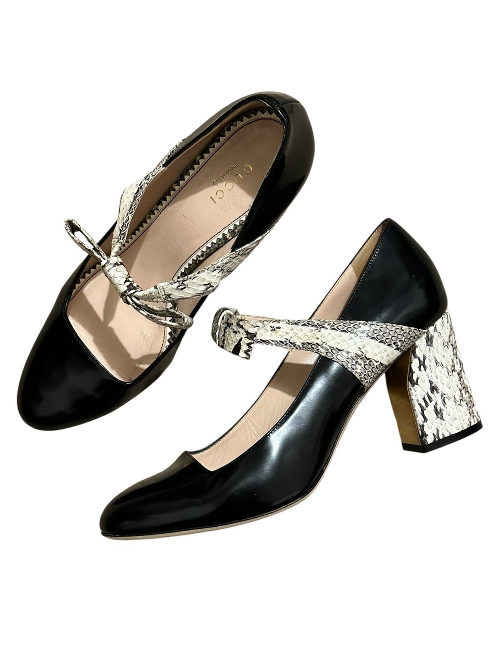 GUCCI Nimue Black Snakeskin Bow Leather Mary Jane Block Heel Pumps 38